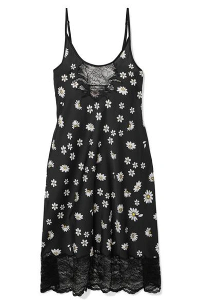 Paco Rabanne Lace-trimmed Floral-print Satin Midi Dress In Black