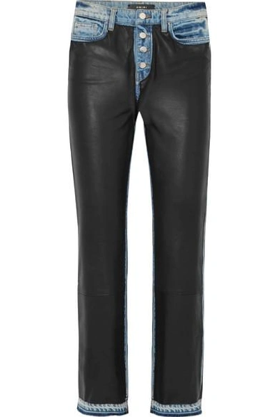 Amiri Paneled Leather And Denim High-rise Straight-leg Jeans In Black