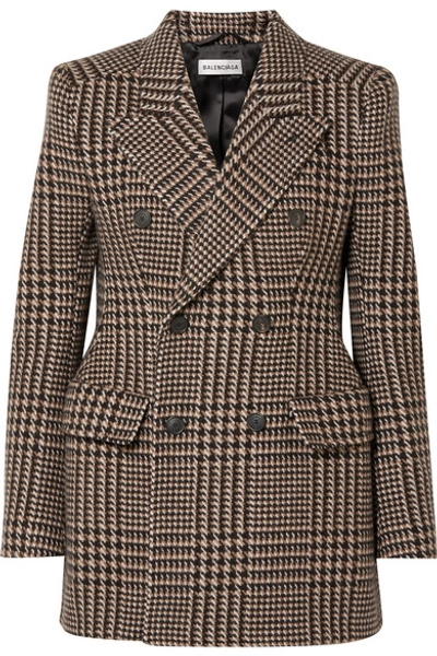 Balenciaga Hourglass Houndstooth Wool Blazer In Came/brown