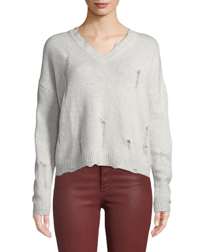 Autumn Cashmere Distressed V-neck Boxy Cashmere Sweater In Gray