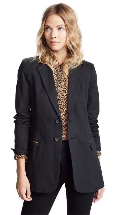 Current Elliott The Calla Cotton-wool Blazer With Leopard-print Trim In Black