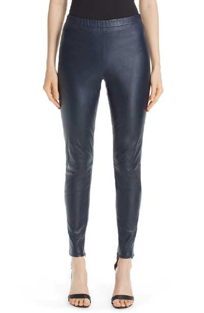 St John Stretch Napa Leather Cropped Leggings W/ Ankle Zippers In Navy