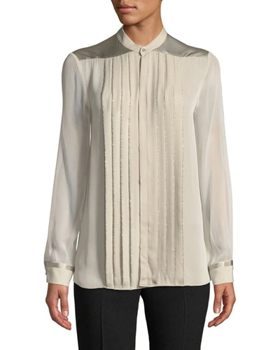 Elie Tahari Gilberta Small Chain Pleated Button-front Silk Blouse In Canvas