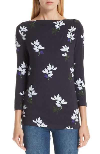 St John 3/4-sleeve Painted Floral Jersey Drape T-shirt In Navy Multi