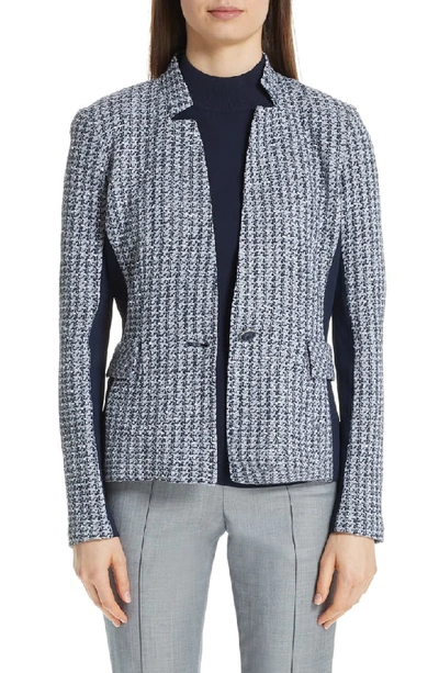 St John Geometric Knit Jacket W/ Luxe Knit Contrast In Grey Navy