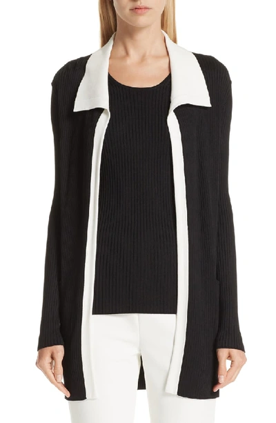St John Plaited Rib-knit Asymmetrical Knit Cardigan In Black Cream