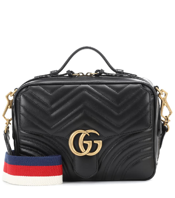 Gucci Gg Marmont Small Chevron Quilted Leather Top-Handle Camera Bag With Web Strap In Black ...