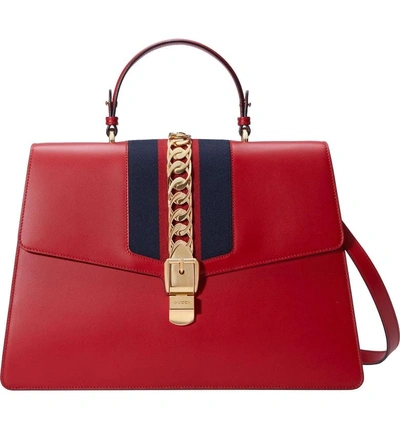 Gucci Maxi Sylvie Top Handle Leather Shoulder Bag - Red In Hibiscus Red/ Blue Red