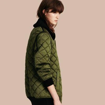 Burberry Long Quilted Bomber Jacket With Shearling Collar In Bright Moss  Green | ModeSens