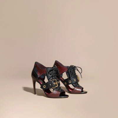 Burberry Buckle Detail Leather And Snakeskin Cut-out Ankle Boots In Bordeaux