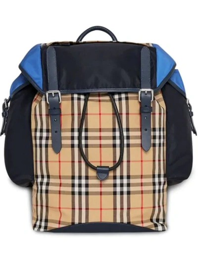 Burberry Colour-block Vintage Check And Leather Ranger Backpack In Navy