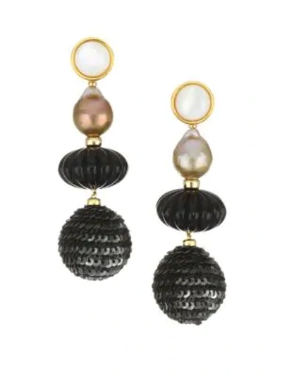 Lizzie Fortunato Masquerade Ball 18k Goldplated 12mm Freshwater Pearl Beaded Drop Earrings In Black