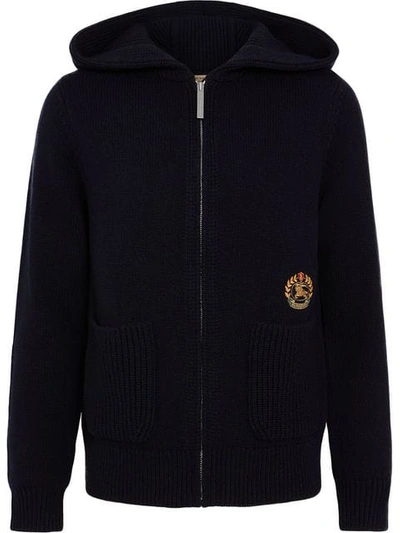 Burberry Embroidered Archive Logo Cashmere Hooded Top In Blue