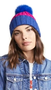 Adrienne Landau Ribbed Two Tone Hat With Fur Pom In Cobalt/fuchsia