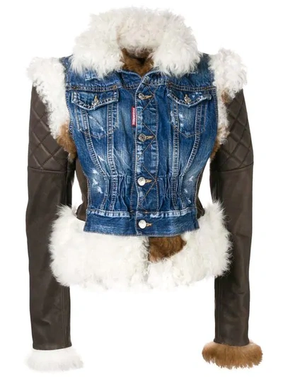 Dsquared2 Fur-detailed Denim Jacket In Dark Brown