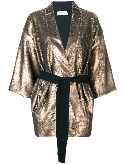 Black Coral Sequin Embellished Belted Jacket In Neutrals