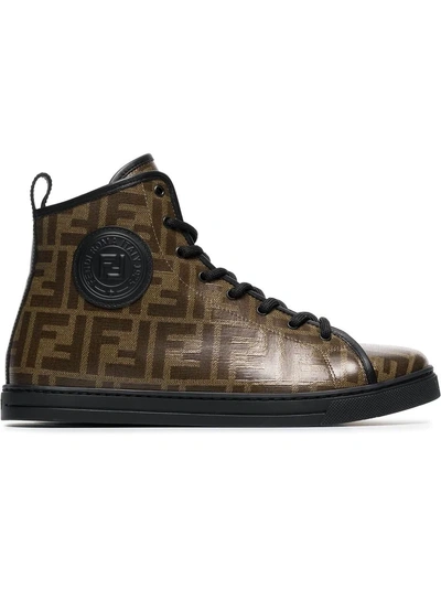 Fendi Brown And Black Ff Logo Leather Sneakers