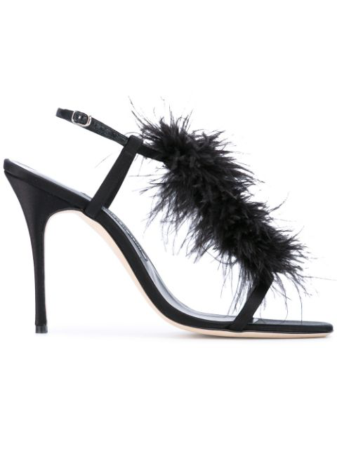 Manolo Blahnik Eila Feather-trimmed Satin T-strap Sandals In Black ...