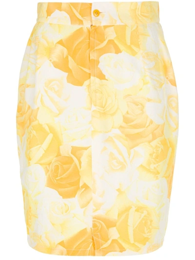 Pre-owned Versace Rose Print Pencil Skirt In Yellow