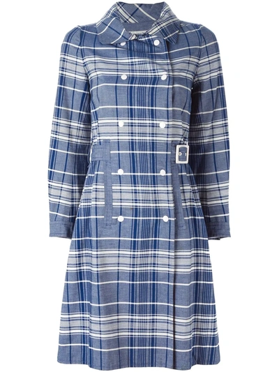 Pre-owned Courrèges 1970s Checked Trench Coat In Blue