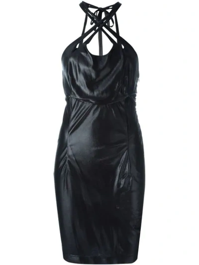 Pre-owned Krizia Vintage Criss-cross Stretch Dress In Black