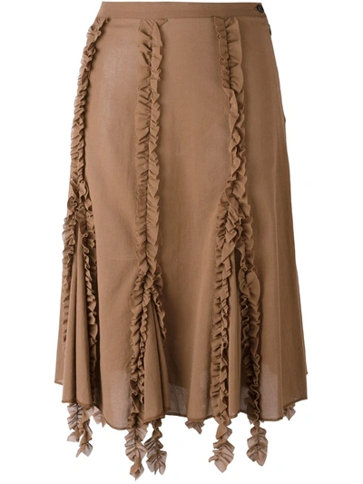 Pre-owned Romeo Gigli Vintage 2000s Ruffled-trim Skirt In Brown