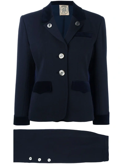 Pre-owned Hermes 1970s Buttoned Skirt Suit In Blue