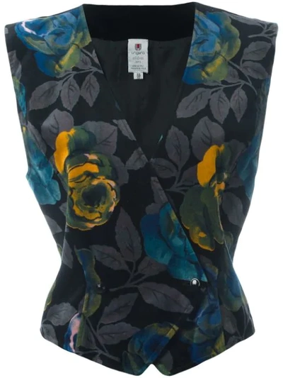 Pre-owned Emanuel Ungaro Vintage Floral Print Velvet Waistcoat In Black