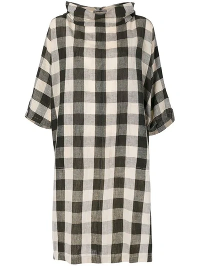 Pre-owned Issey Miyake Cowl-neck Check Dress In Brown