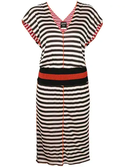 Pre-owned Jean Paul Gaultier Vintage Striped V-neck Dress In Black