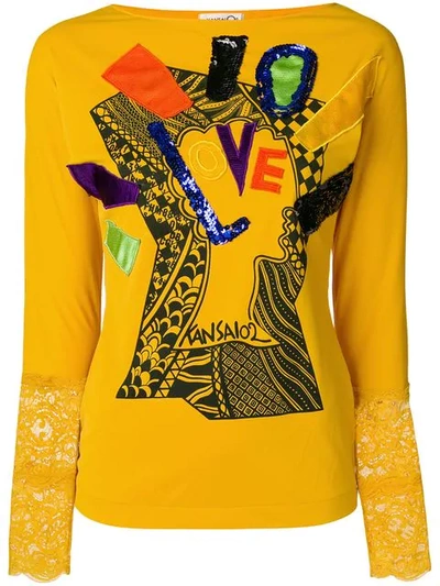 Pre-owned Kansai Yamamoto Vintage 1990s Appliqué-detail Long-sleeve T-shirt In Yellow