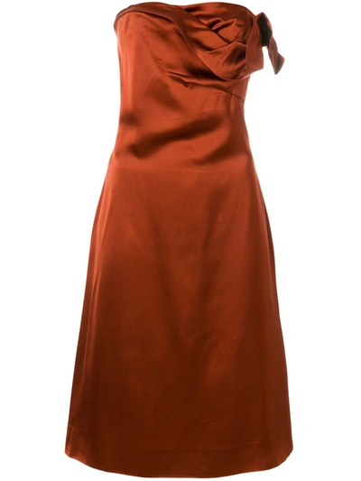 Pre-owned Versace 1990s Draped Strapless Dress In Brown