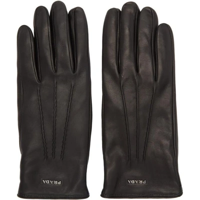 Prada Black Leather Logo Gloves In F0002 Nero