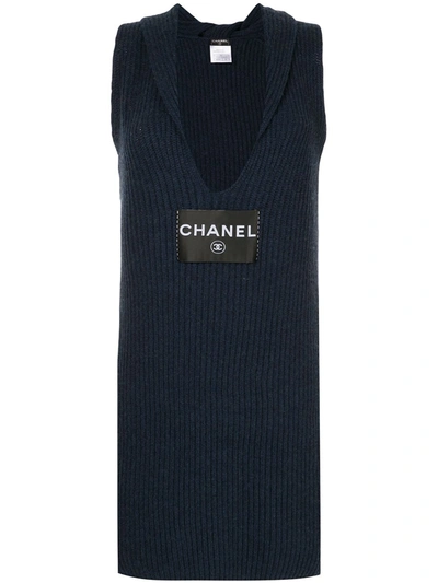 Pre-owned Chanel 2008 Logo-patch Ribbed Knit Dress In Blue