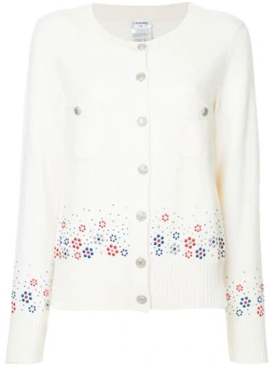 Pre-owned Chanel Cashmere Floral Embossed Cardigan In White