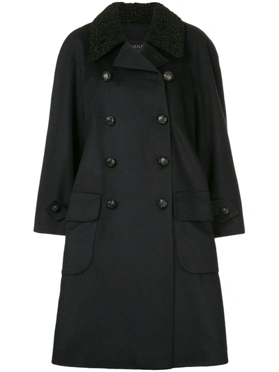 Pre-owned Chanel 1985-1993 Contrast-collar Midi Coat In Blue