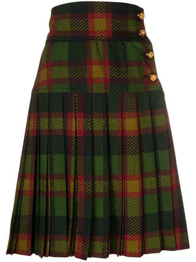 Pre-owned Saint Laurent Pleated Tartan Skirt In Green