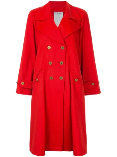 Pre-owned Chanel 1994 Cashmere Double-breasted Flared Coat In Red