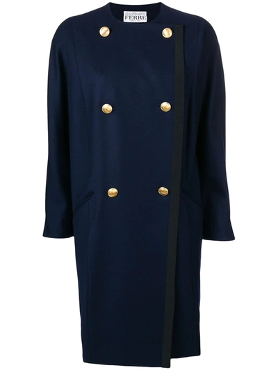 Pre-owned Gianfranco Ferre Vintage Double-breasted Collarless Coat In Blue