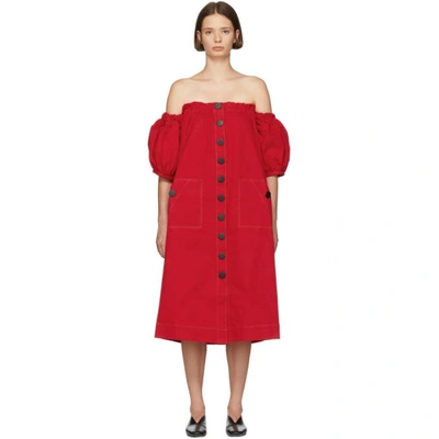Edit Red Balloon Sleeve Off-the-shoulder Dress