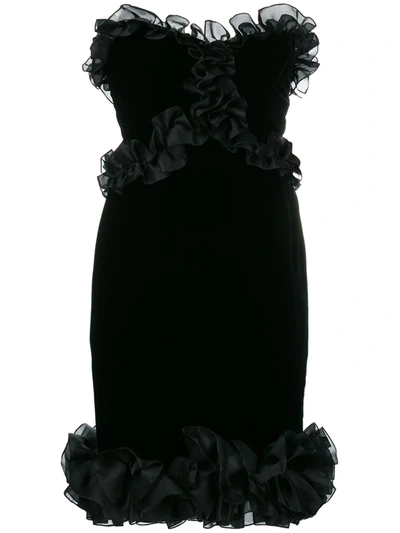 Pre-owned Saint Laurent Frill-trim Fitted Dress In Black