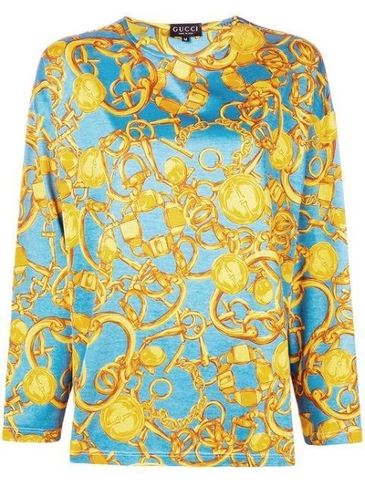 Pre-owned Gucci Chain Pattern Longsleeved Blouse In Blue