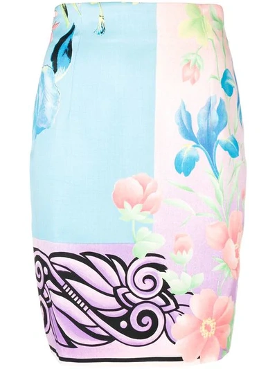 Pre-owned Versace Floral Fitted Skirt In Blue