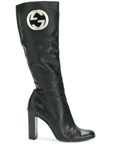 Pre-owned Gucci 2000 Logo Leather Boots In Black