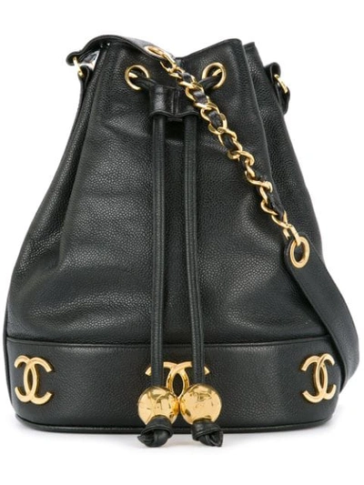 Pre-owned Chanel Vintage Logos Drawstring Shoulder Bag - Black