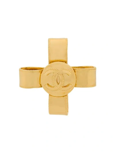 Pre-owned Chanel 1997 Logo Bow Brooch In Metallic