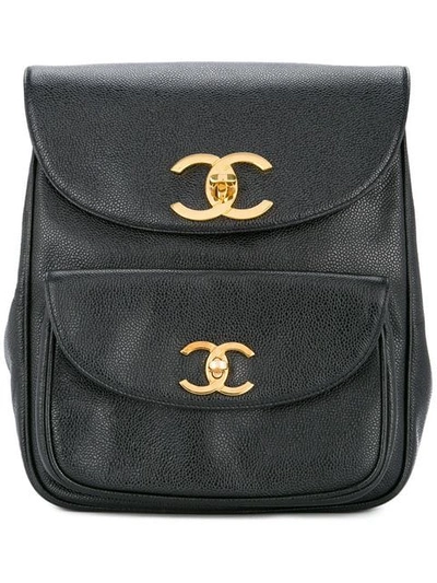 Pre-owned Chanel 1994-1996 Interlocking Cc Flap Backpack In Black