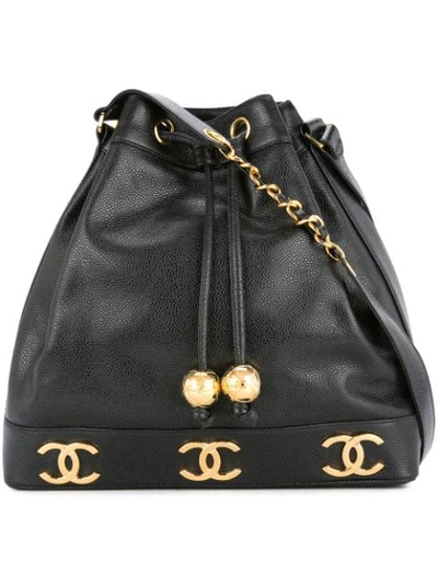 Pre-owned Chanel 1994-1996 Logos Drawstring Shoulder Bag In Black