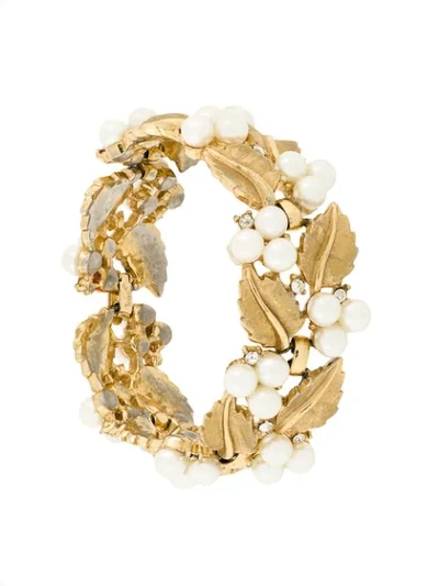 Pre-owned Rewind Vintage Affairs 1960's Trifari Faux-pearl And Crystal Leaf Bracelet In Metallic