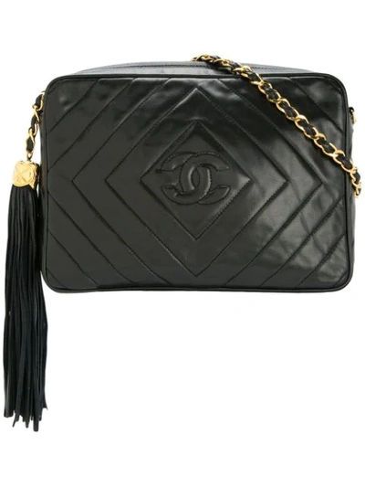 Pre-owned Chanel 1991-1994 Cc Fringe Quilted Shoulder Bag In Black